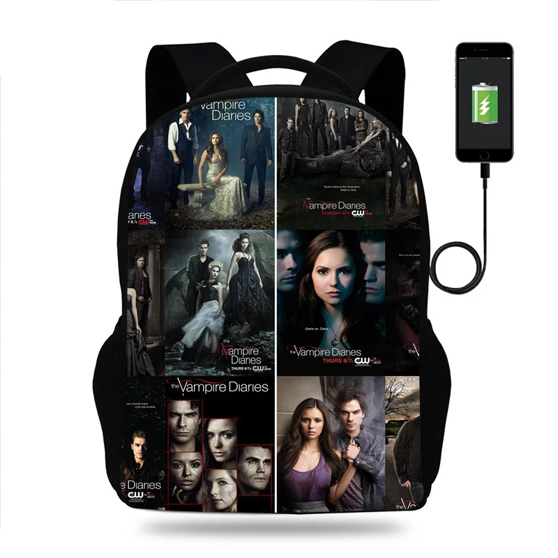 

Рюкзак с дневниками вампира для мальчиков и девочек, популярные школьные ранцы для подростков, детский студенческий ранец для мужчин и женщин, дорожные сумки с USB-зарядкой
