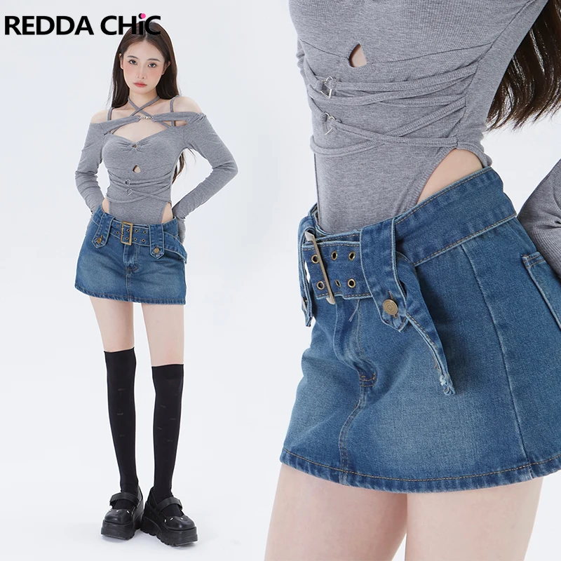 

REDDACHiC Women Denim Skirt Mini A-Line High Waist Vintage Blue Jeans Skort Belted Short Bottoms Slim Bodycon Summer Streetwear