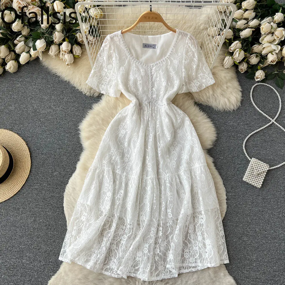 Женское кружевное платье с вышивкой Ofallsis, белое элегантное плиссированное платье с квадратным вырезом и жемчужинами, лето 2023