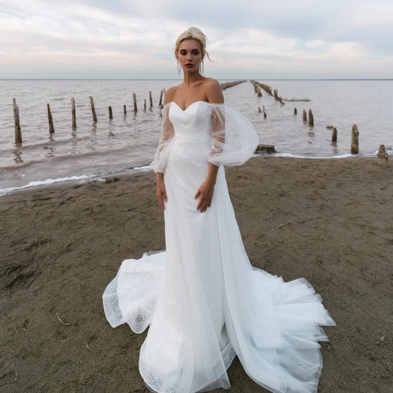 Stunning Sequined Mermaid Boho Wedding Dresses WIth Long Puff Sleeves Detachable Skirt Vestidos De Novia
Stunning Sequined Mermaid Boho Wedding Dresses WIth Long Puff Sleeves Detachable Skirt Vestidos De Novia