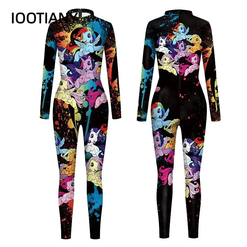 

IOOTIANY Cartoon Black Unicorn Print Sexy Bodysuits Women Long Sleeve Rainbow New Jumpsuit Skinny Party Slim Jumpsuits