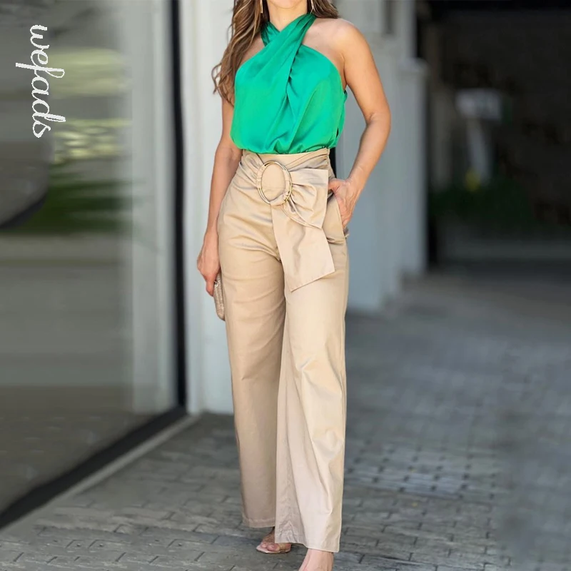 Wefads Women Two Piece Set Summer Fashion Solid Halterneck Sleeveless Satin Top Loose Wide Legs Long Pants Sets High Streetwear
Wefads Women Two Piece Set Summer Fashion Solid Halterneck Sleeveless Satin Top Loose Wide Legs Long Pants Sets High Streetwear