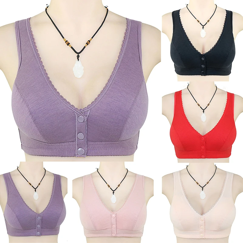 

New Smooth Front Button Underwear Women's Soft Cotton Vest Type Middle-aged and Elderly Bra Large Rimless Underwear Women