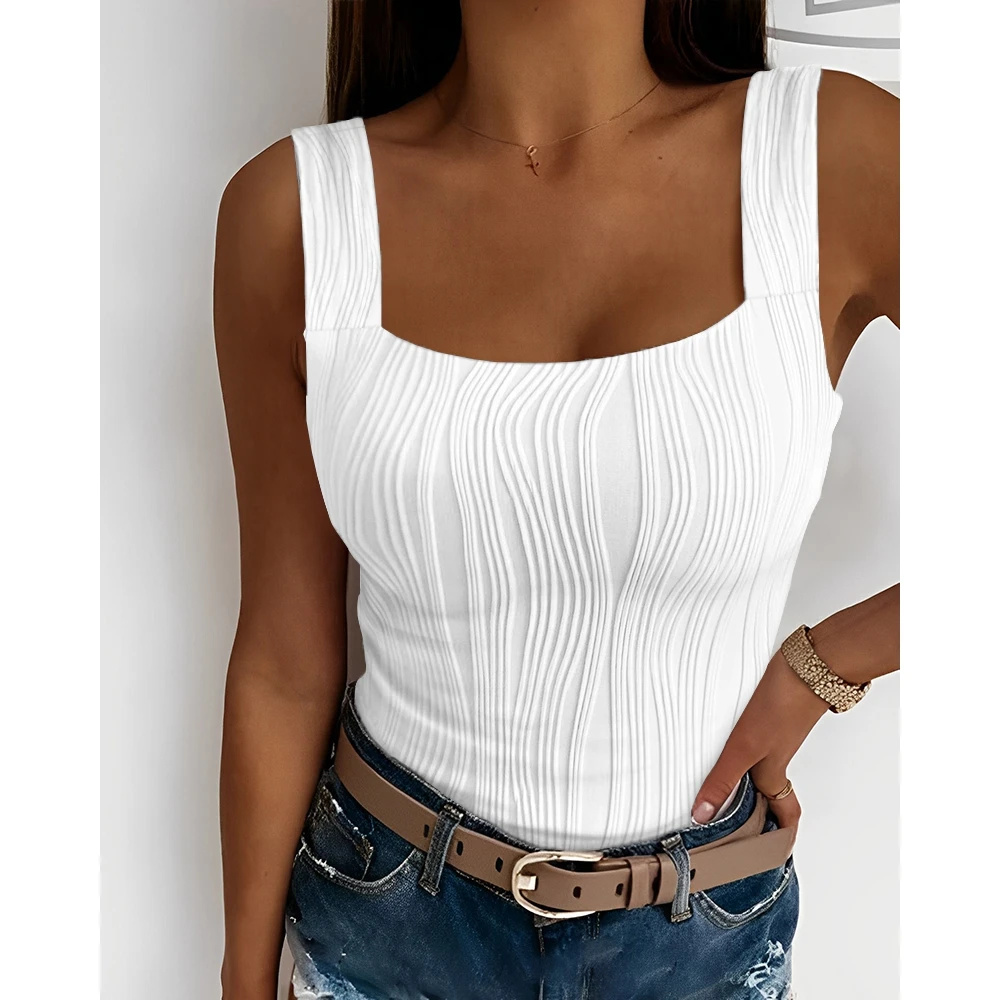 

Fashion Woman Textured Squar Neck Casual Cami Tank Top Summer Sleeveless Women Sexy Solid Steetwear Tee Top Daily Vacation