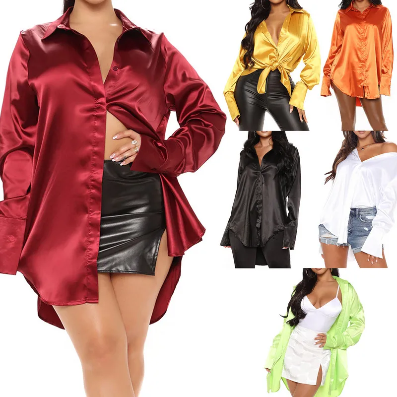 Fall Ladies Loose Mid-length Satin Shirt Office Ladies Leisure Solid Color Irregular Lapel Long Sleeve Single-breasted Tops
Fall Ladies Loose Mid-length Satin Shirt Office Ladies Leisure Solid Color Irregular Lapel Long Sleeve Single-breasted Tops