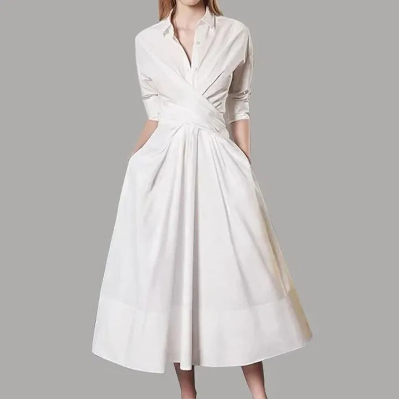 Женское платье с отложным воротником, однотонное платье на бретельках с длинным рукавом, белая женская одежда, уличная одежда, вечерняя длинная одежда, весна-лето 2023
Женское платье с отложным воротником, однотонное платье на бретельках с длинным рукавом, белая женская одежда, уличная одежда, вечерняя длинная одежда, весна-лето 2023