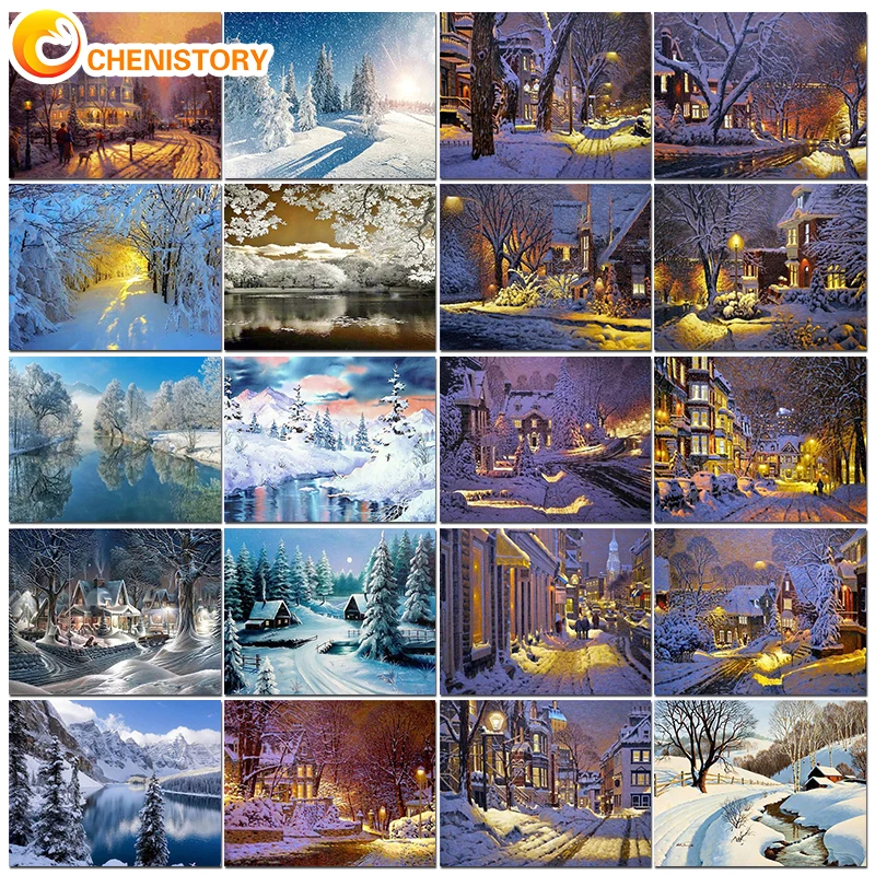 

CHENISTORY DIY Painting By Numbers Winter House Number Painting Home Decors Handmade Gift Sunset For Adults On Canvas