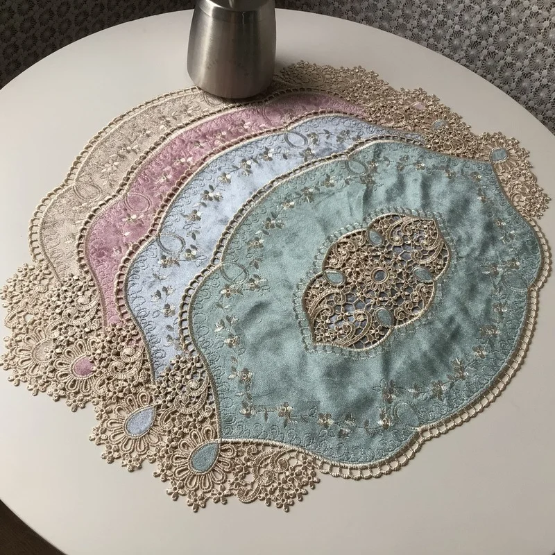 

Bedside Retro Flannel Tablecloth Mat Placemat French Decoration Lace Coaster Embroidered Pastoral Cup Table Tea Party Style Ins