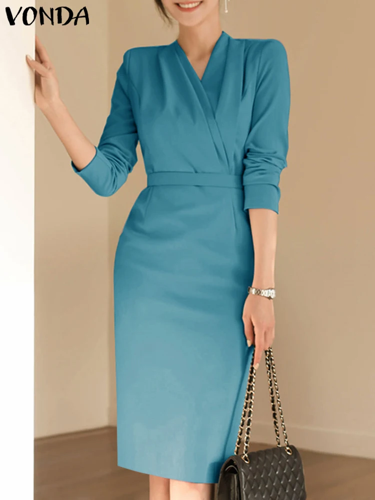 

Платье VONDA женское с длинным рукавом, модный плиссированный офисный сарафан, повседневное элегантное однотонное миди-платье с поясом, осень 2023