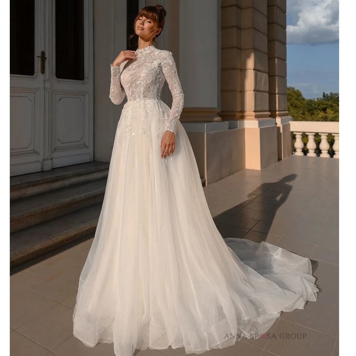 Luxury Wedding Dresses Lace Tulle High Neck A-Line Full Sleeves Rhinestone Prom Dress Sweep Train Vestidos De Noiva
Luxury Wedding Dresses Lace Tulle High Neck A-Line Full Sleeves Rhinestone Prom Dress Sweep Train Vestidos De Noiva