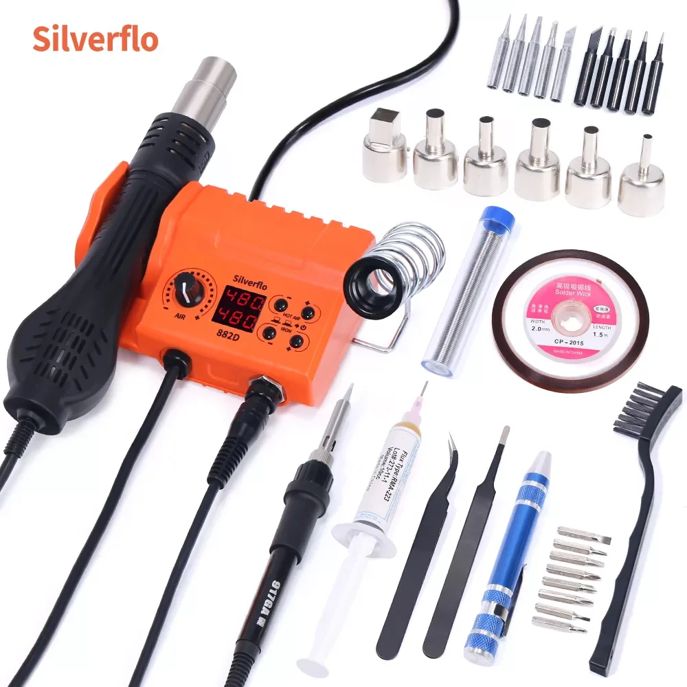 Multifunctional 882D Soldering Station 2in1 8858 Solder Iron Hot Air Gun Welding Rework Station BGA SMD PCB IC Phone Repair Tool
Multifunctional 882D Soldering Station 2in1 8858 Solder Iron Hot Air Gun Welding Rework Station BGA SMD PCB IC Phone Repair Tool