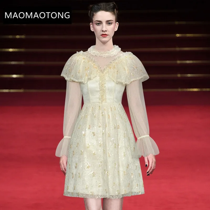 Fashion Designer Summer Short Dress Women Stand Collar Flare Sleeve Sequins Ruffles Mesh Elegant Party Dress
Fashion Designer Summer Short Dress Women Stand Collar Flare Sleeve Sequins Ruffles Mesh Elegant Party Dress