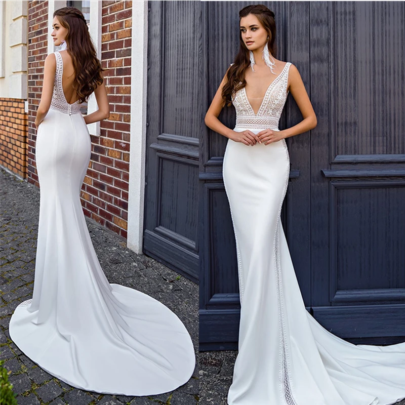 Mermaid Sexy Deep V-neck Women's Satin Bridal Dress Sleeveless Fashion Welcome Dress Backless Vestido Novia White Mopping Train
Mermaid Sexy Deep V-neck Women's Satin Bridal Dress Sleeveless Fashion Welcome Dress Backless Vestido Novia White Mopping Train