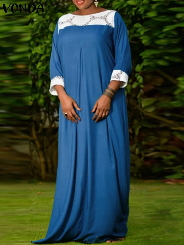 

Женское летнее платье VONDA, длинный сарафан 2023, кружевное лоскутное Макси-платье с рукавом 3/4 и круглым вырезом, повседневное свободное богемное платье большого размера