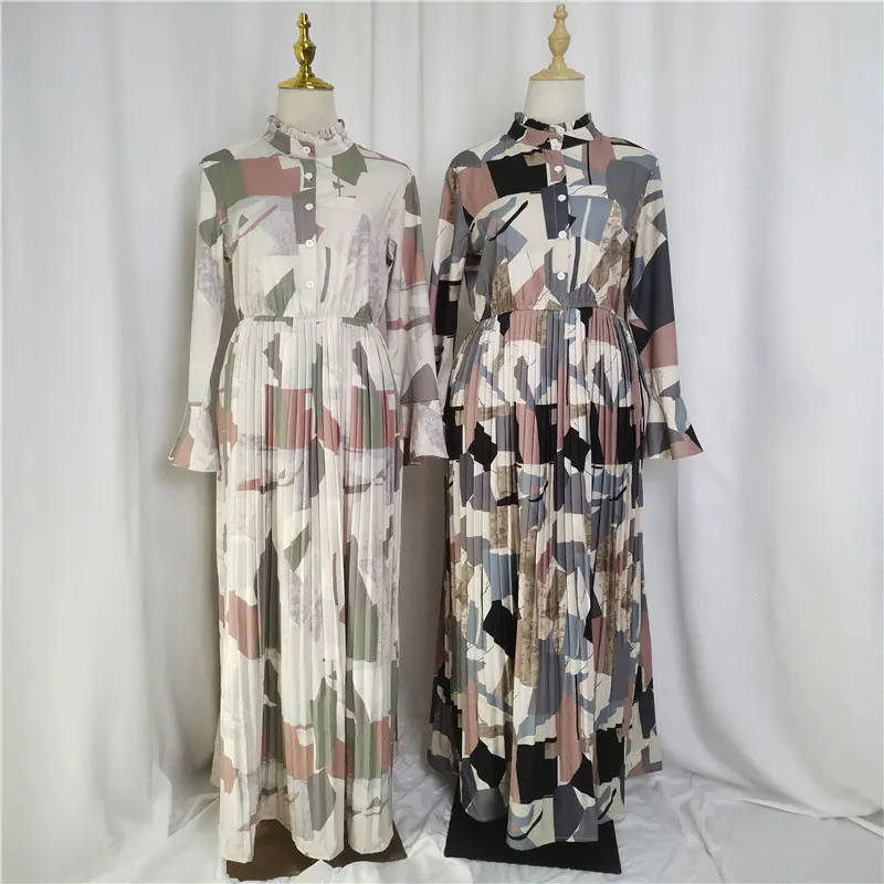 

Summer/Autumn Middle East Muslim Ruffle Collar Camouflage Print Women's Clothing Arabian Ladies Flared O-neck Pleated Hem Dress