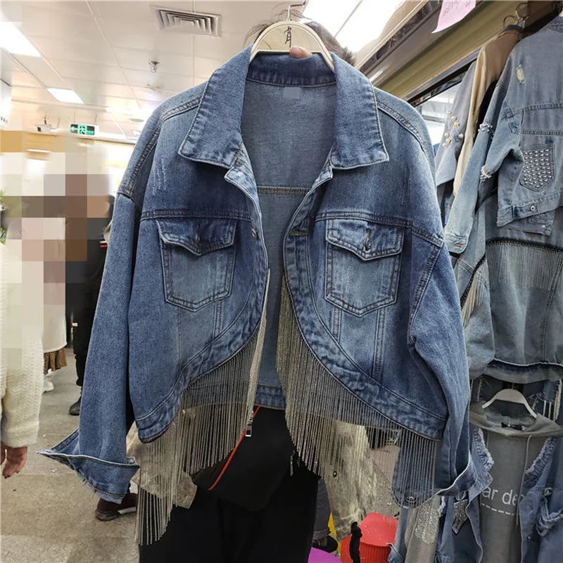 Spring Autumn Fringed Chain Jeans Jacket Women Short Long Sleeve Denim Coats Girl Students Korean Loose Streetwear Overcoat
Spring Autumn Fringed Chain Jeans Jacket Women Short Long Sleeve Denim Coats Girl Students Korean Loose Streetwear Overcoat