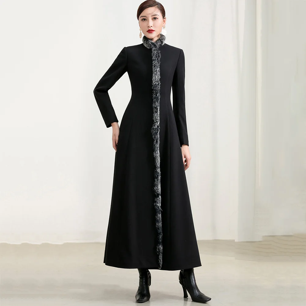 Women Long Woolen Overcoat Autumn Winter Fashion Vintage Thick Warm Rabbit Fur Stand Collar Wool Blends Coat Slim Outerwear
Women Long Woolen Overcoat Autumn Winter Fashion Vintage Thick Warm Rabbit Fur Stand Collar Wool Blends Coat Slim Outerwear