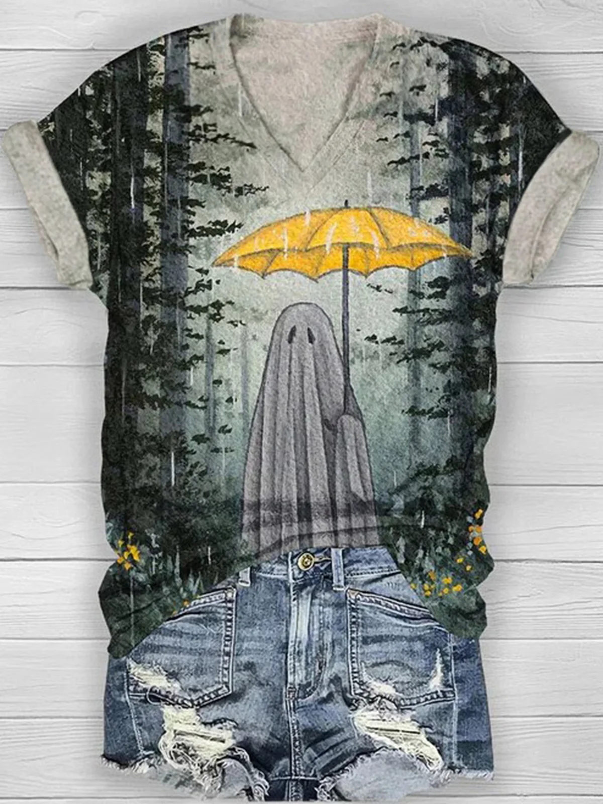 

2023 Autumn Winter Halloween Ghost Forest Umbrella V-Neck Women's T-Shirt Tee Interesting Novel Festive Outdoor Tops For Ladies