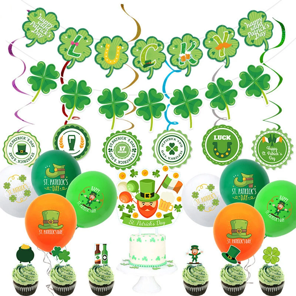 

57Pcs St Patricks Day Decorations Pre-assembled Shamrock LUCKY Banner Hanging Swirls Balloon Irish Decor for Home Party Supplies