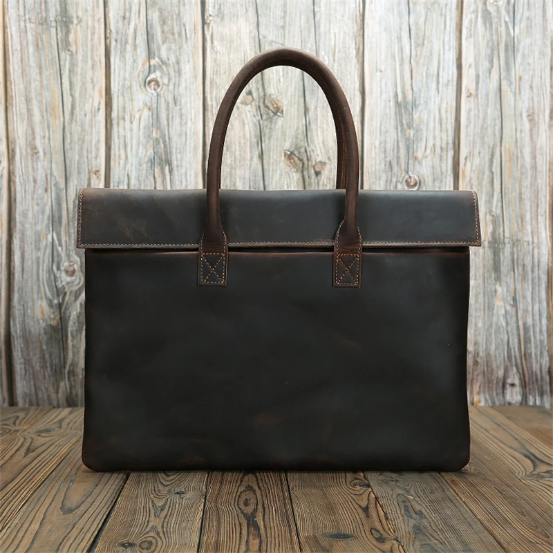 

Vintage A4 Brown Thick Crazy Horse Genuine Leather Executive Office Men Briefcase Handbag Male Portfolio Bag M021