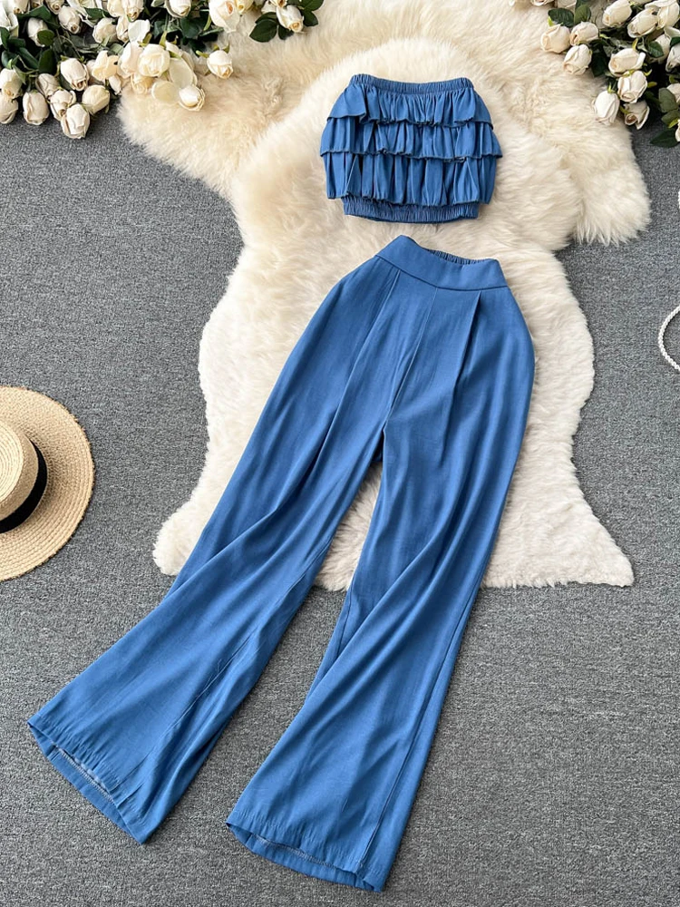YuooMuoo Women Summer Two Piece Suits Sexy Strapless Ruffled Short Tops + Long Pants Fashion Streetwear Female Sets
YuooMuoo Women Summer Two Piece Suits Sexy Strapless Ruffled Short Tops + Long Pants Fashion Streetwear Female Sets