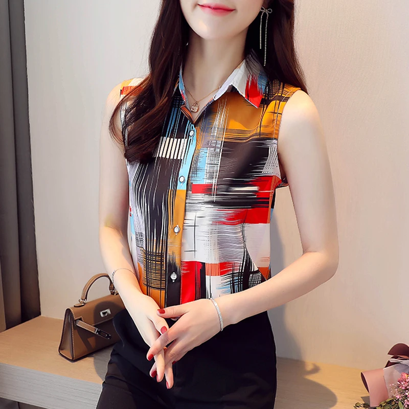 Womens Shirts 2022 Sleeveless Casual Print Sweet Style Turndown Collar Femme Summer Blouse
Womens Shirts 2022 Sleeveless Casual Print Sweet Style Turndown Collar Femme Summer Blouse