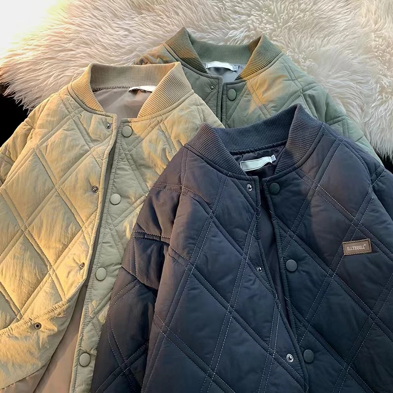 Winter Retro Baseball Uniform Jacket Woman Diamond Plaid Loose Casual Fashion Thick Button Cardigan Jacket Harajuku Top 2022
Winter Retro Baseball Uniform Jacket Woman Diamond Plaid Loose Casual Fashion Thick Button Cardigan Jacket Harajuku Top 2022