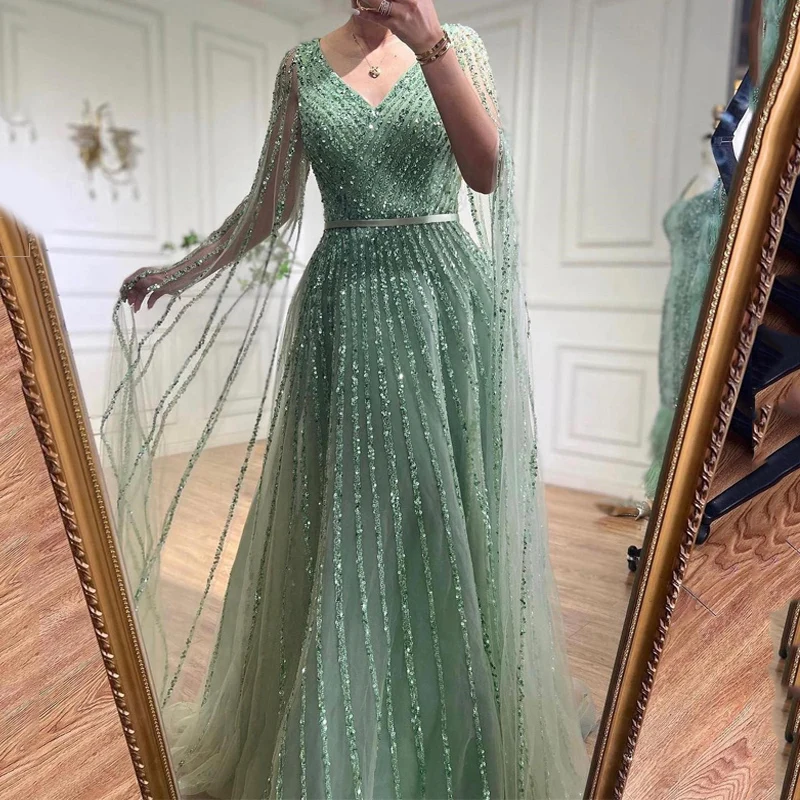 Mint Green Luxury Cape Sleeves A-Line Beaded Sexy V-Neck Evening Dresses Long Luxury Celebrity Gowns For Woman Party Dress
Mint Green Luxury Cape Sleeves A-Line Beaded Sexy V-Neck Evening Dresses Long Luxury Celebrity Gowns For Woman Party Dress