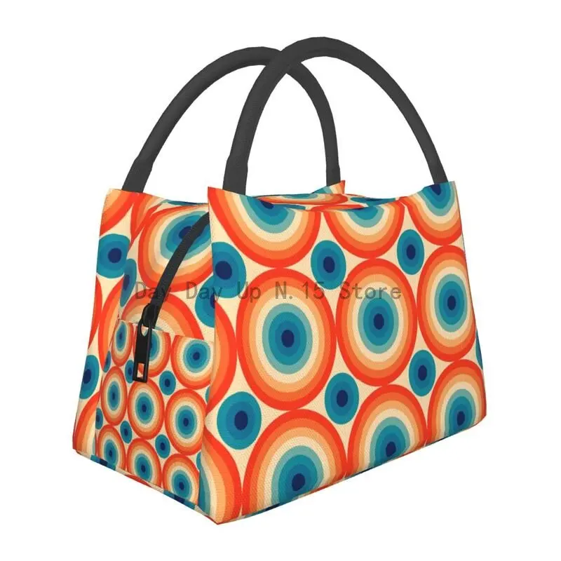 

70s Polka Eye Illusion Dot Pattern In Orange And Blue Thermal Insulated Lunch Bag Lunch Tote for Outdoor Picnic Meal Food Box