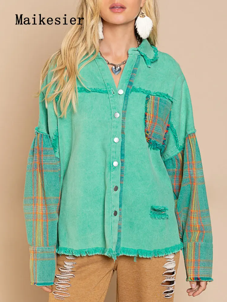 Women Denim Jacket Autumn Fashion Plaid Stitching Loose Green Jean Jackets Office Lady Streetwear Casual Tops Lady Outerwear
Women Denim Jacket Autumn Fashion Plaid Stitching Loose Green Jean Jackets Office Lady Streetwear Casual Tops Lady Outerwear