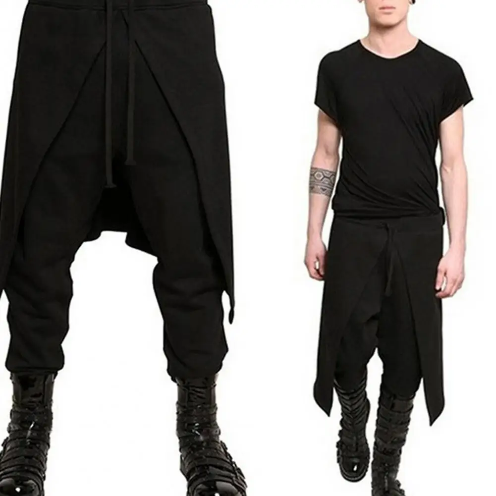 

Men Hip Hop Style Saggy Pants Fake Two Pieces Elastic Waist Drawstring Pockets Design Dancing Low Crotch Saggy Trousers