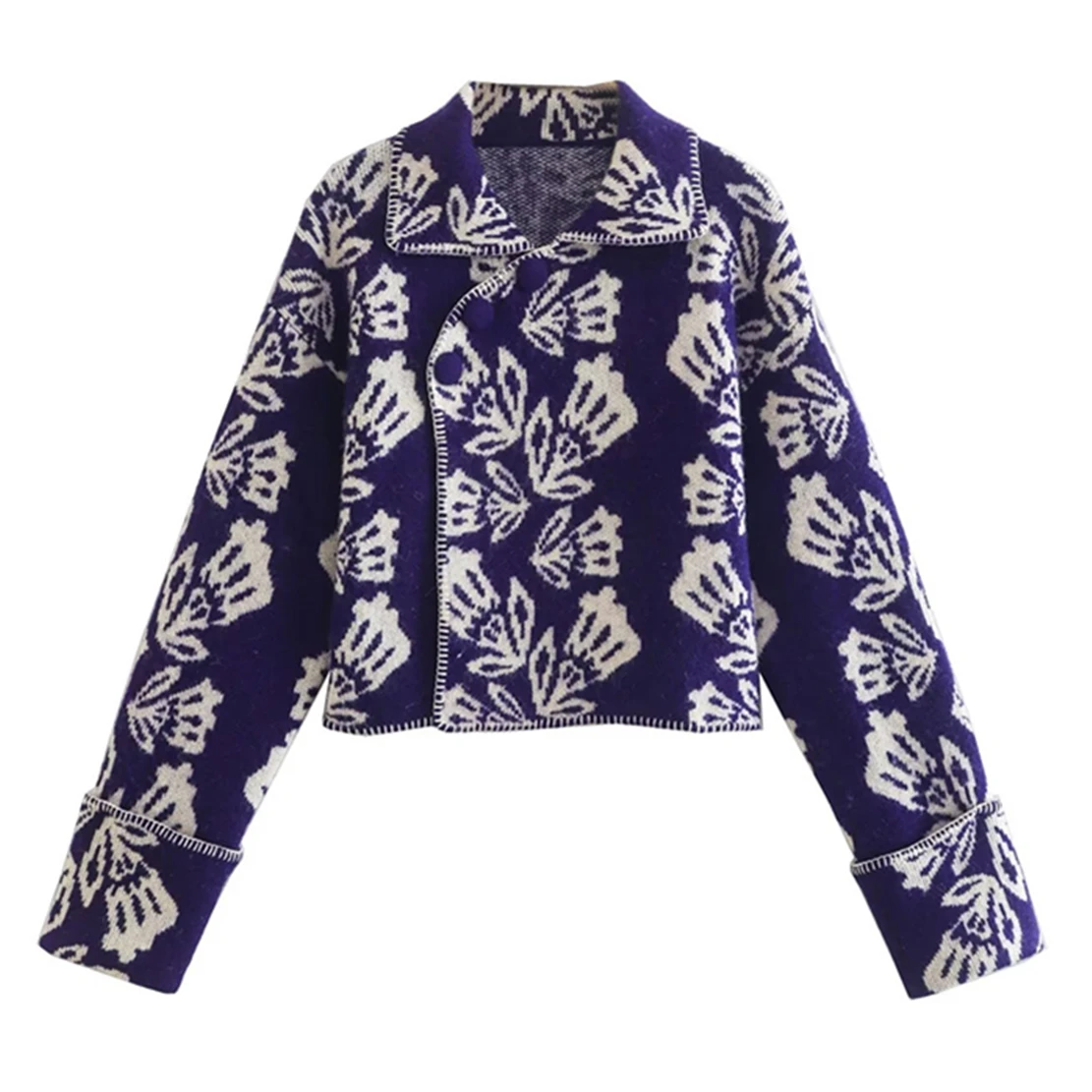 Женская трикотажная куртка с цветочным принтом и отложным воротником
Женская трикотажная куртка с цветочным принтом и отложным воротником