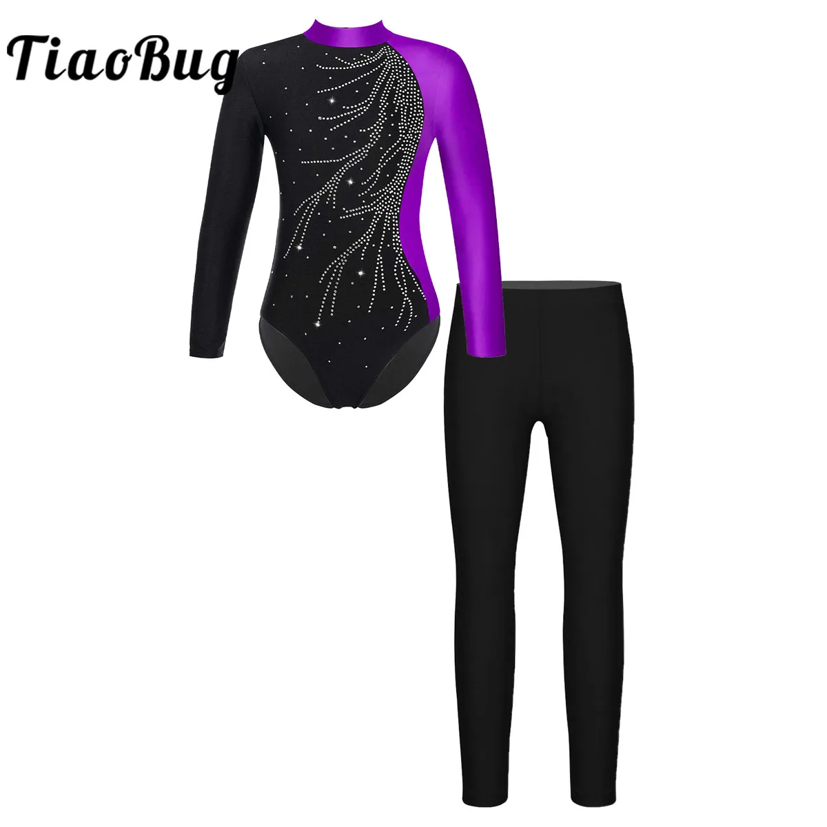 

Kids Girls Long Sleeve Mock Neck Shiny Faux Diamonds Adorned Keyhole Back Leotard with Ankle Length Leggings for Dance Skating