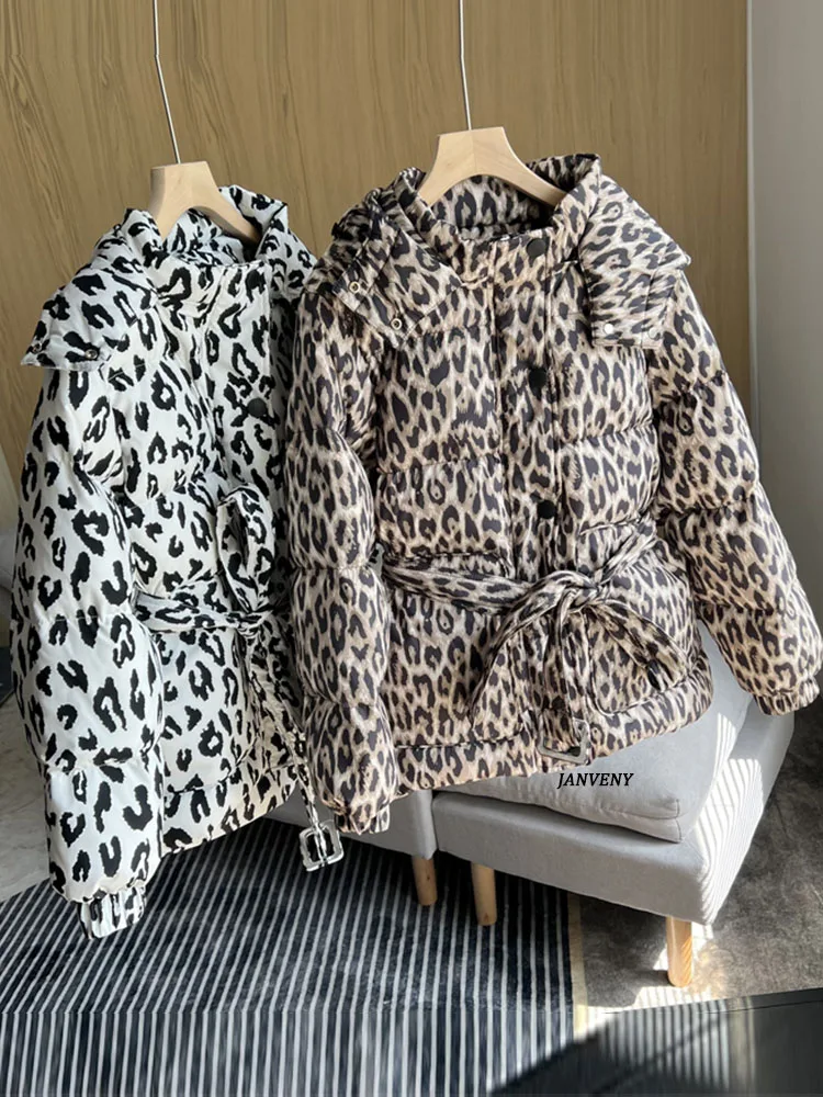 

Janveny 2022 New Fashion Leopard Print Loose Puffer Jacket Women Long Sleeve Zipper Sash Tie Up Hooded Duck Down Short Overcoat