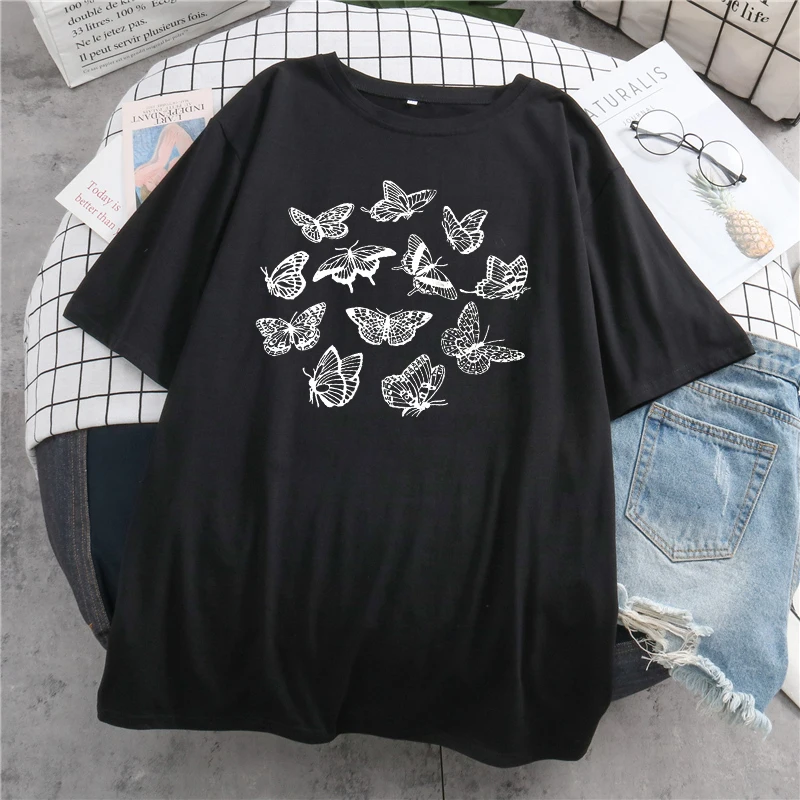 

Cute Women T Shirt Oversized Utterfly Print Harajuku Kawaii Gothic Y2K Black Vintage Short Sleeve Tshirt Casual Aesthetic Tops