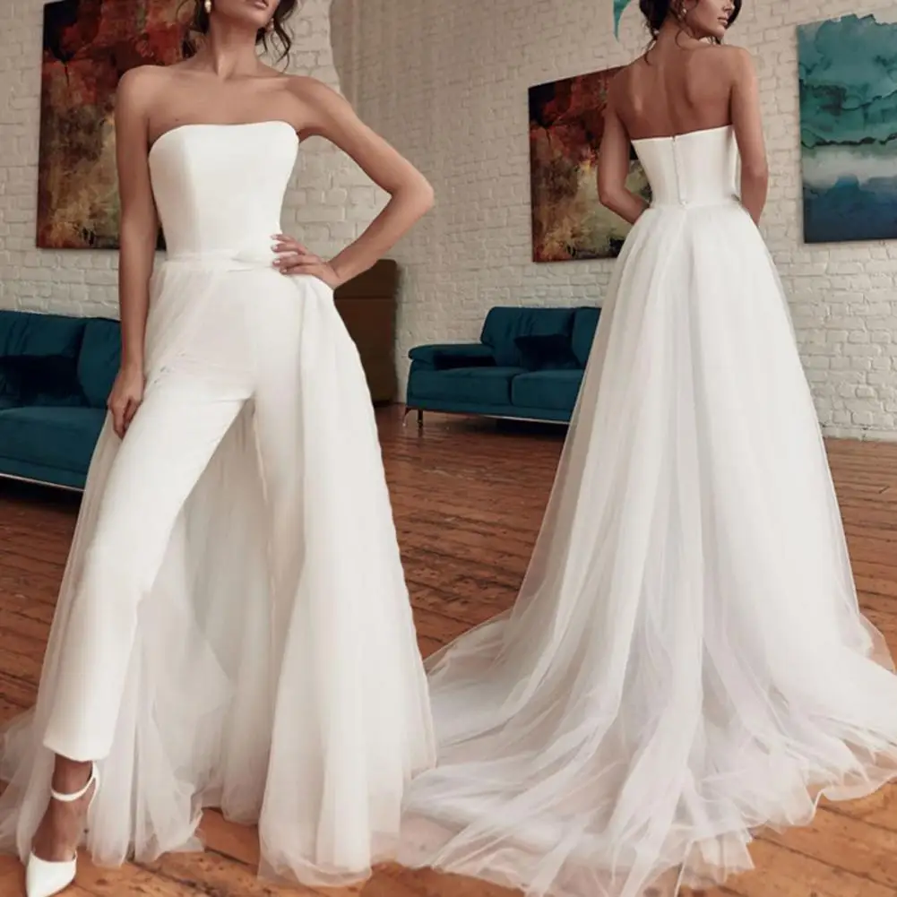 

Strapless Beach Jumpsuit Wedding Dresses With Detachable Train 2023 Backless White Bridal Gown Slip Pants Party Causle Jumpsuit