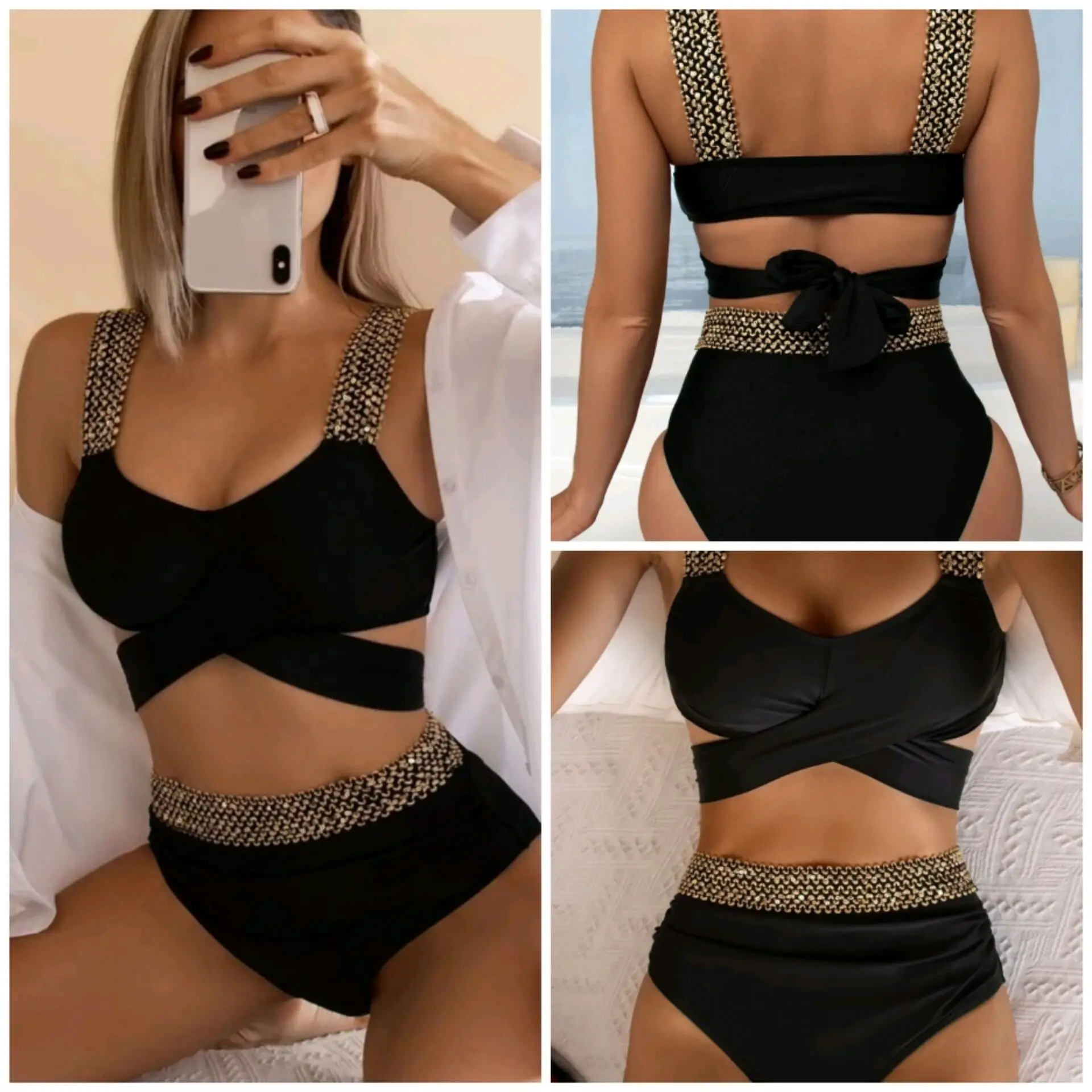 2023 Summer Black Split Bikini Beach Swimsuit Crossover High Waist Sexy Two-piece Suit Glitter Cover Belly Gold Elastic Band 
2023 Summer Black Split Bikini Beach Swimsuit Crossover High Waist Sexy Two-piece Suit Glitter Cover Belly Gold Elastic Band
