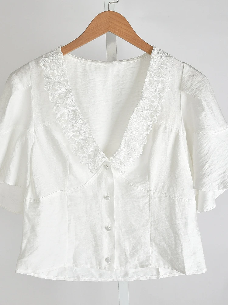 Spring and Summer 2022 New Sandr V-neck Lotus Leaf Sleeves Solid Color Lacework Women Casual Short Sleeves Shirt Blouses
Spring and Summer 2022 New Sandr V-neck Lotus Leaf Sleeves Solid Color Lacework Women Casual Short Sleeves Shirt Blouses
