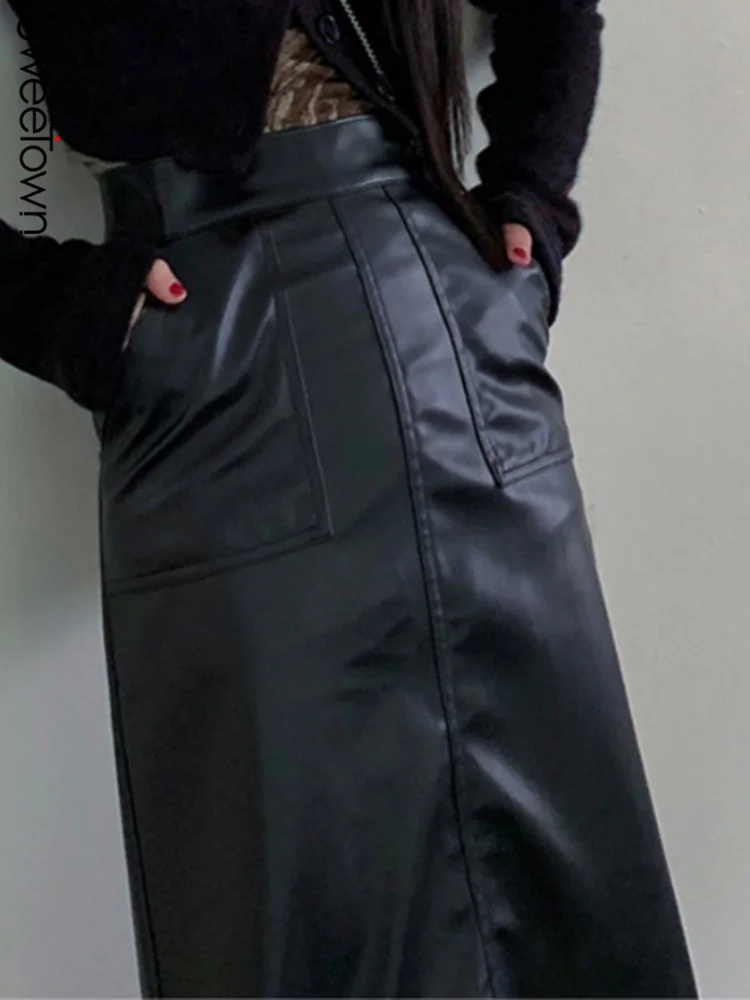 Sweetown Black Solid PU Leather Elegant Fashion Long Skirts Womens 2022 New Korean Style Pockets High Waist Street Goth Skirt
Sweetown Black Solid PU Leather Elegant Fashion Long Skirts Womens 2022 New Korean Style Pockets High Waist Street Goth Skirt