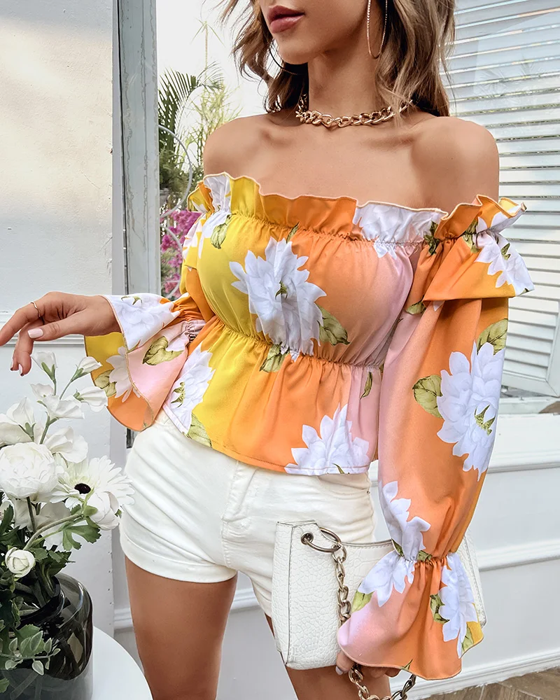 

2022 Chicme Casual Women Floral Print Off Shoulder Frill Hem Peplum Top Fashion Femme Bell Sleeve Tie Dye Ombre Blouses Robe