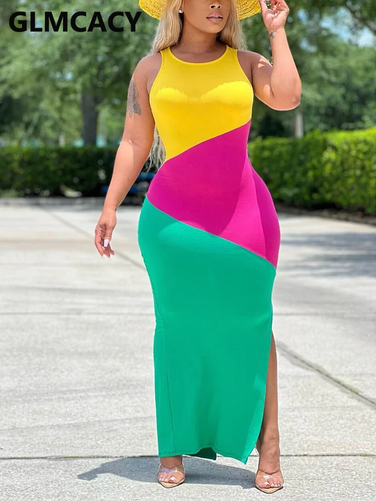 Women Summer Sleeveless Colorblock Maxi Dress Elegant Bodycon Slit Dress
Women Summer Sleeveless Colorblock Maxi Dress Elegant Bodycon Slit Dress