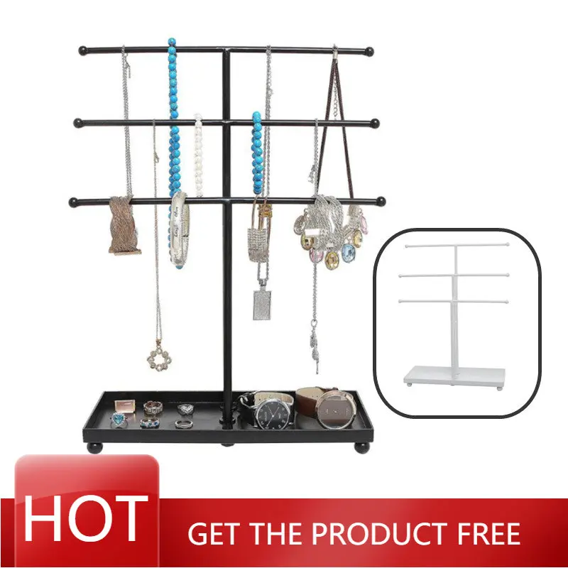 3-Tier Vintage Gold Metal T-Bar Jewelry Organizer Stand, Necklace and Bracelet Hanging Display with Gray Wood Ring Tray
3-Tier Vintage Gold Metal T-Bar Jewelry Organizer Stand, Necklace and Bracelet Hanging Display with Gray Wood Ring Tray