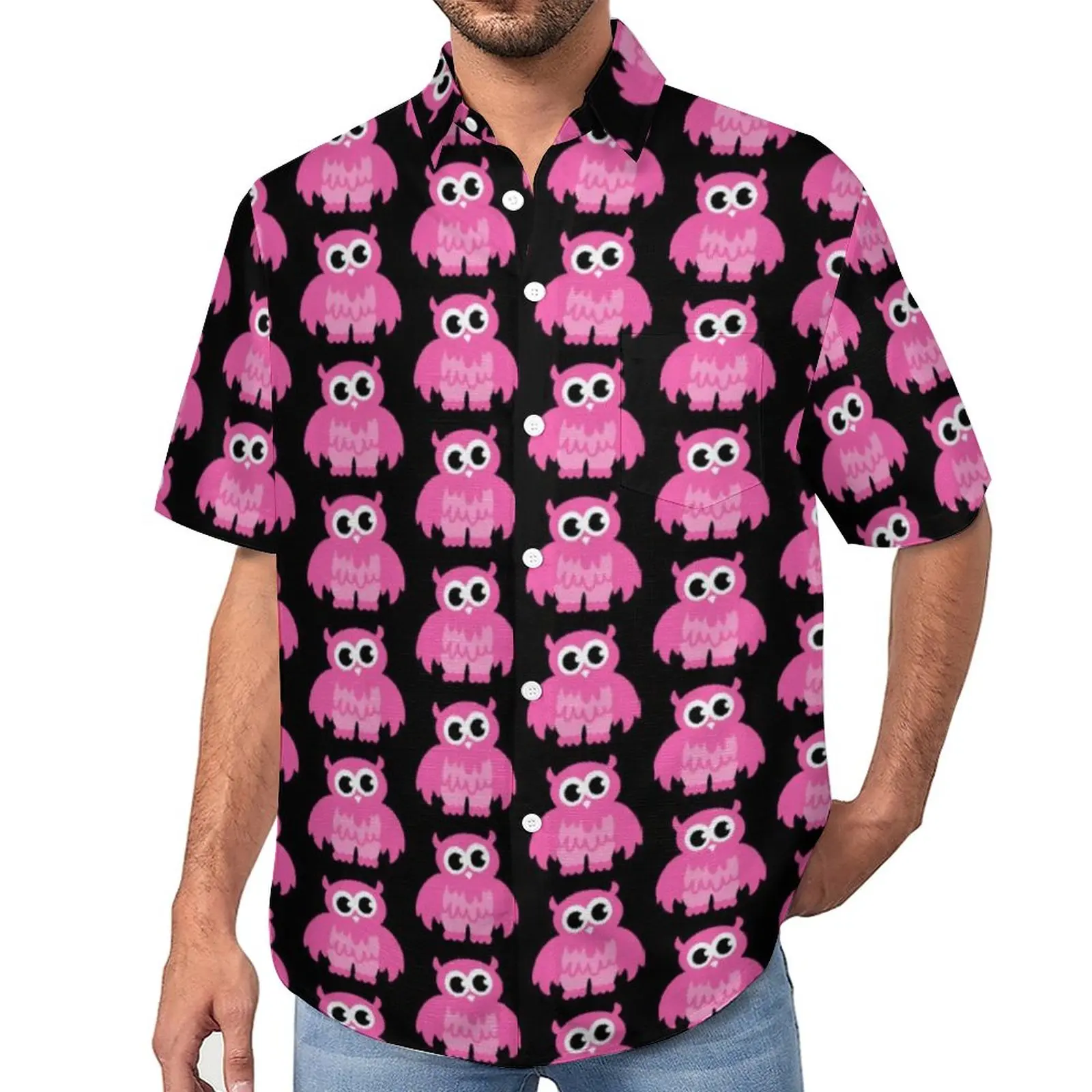 

Funny Pink Owl Vacation Shirt Cartoon Animal Hawaii Casual Shirts Man Vintage Blouses Short-Sleeve Custom Top Plus Size 3XL 4XL