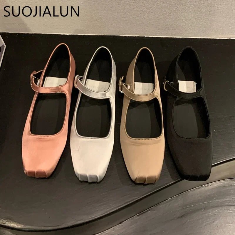 

SUOJIALUN 2023 Spring New Women Flat Shoes Fashion Silk Square Toe Shallow Ladies Ballet Shoes Soft Casual Flat Mary Jane Shoes