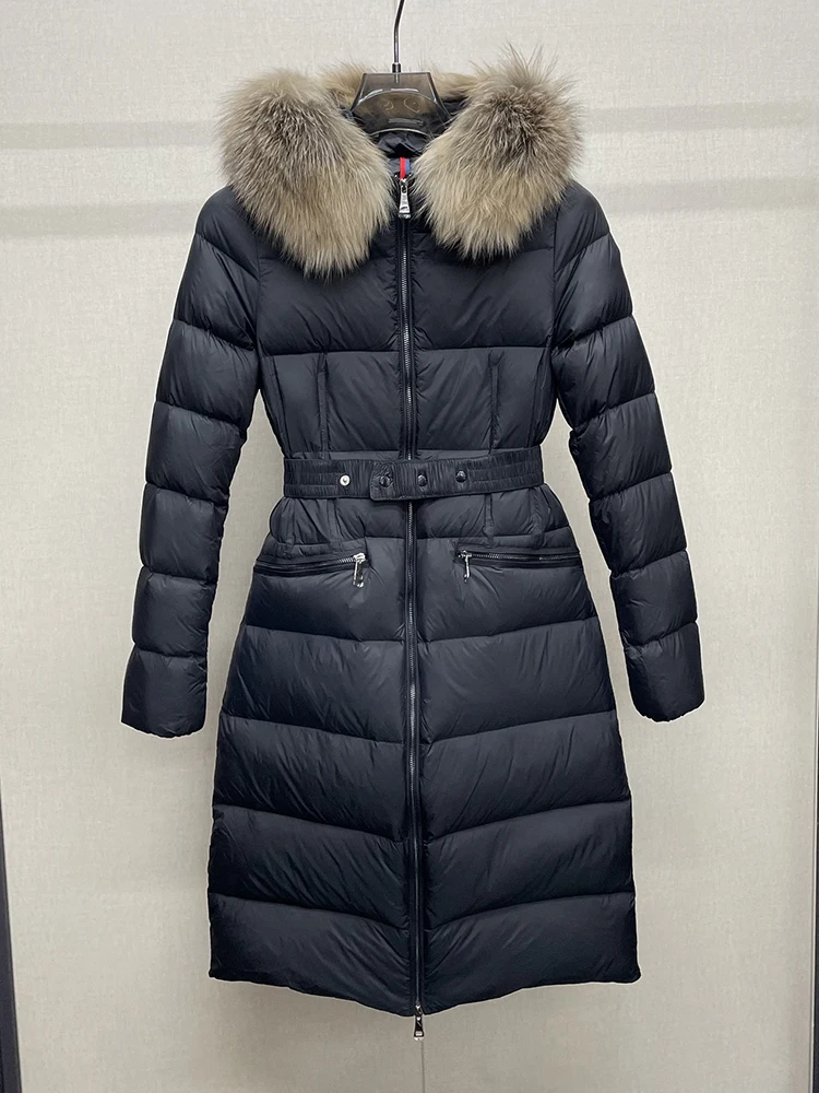 

Женский пуховик со съемным воротником из лисьего меха и капюшоном, пушистая теплая облегающая зимняя женская куртка средней длины с поясом, новинка зимы 2023