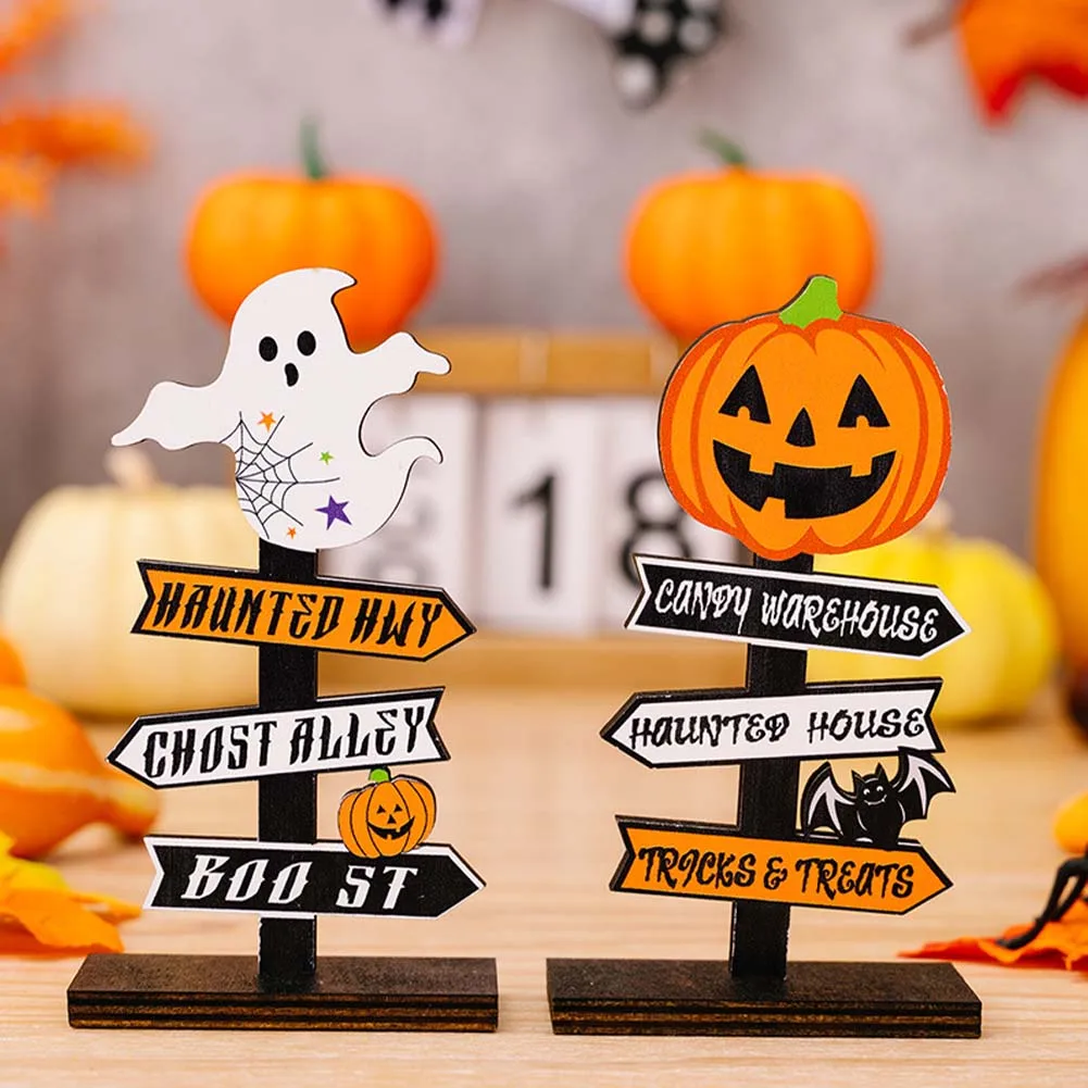 

Halloween Home Decoration Wooden Ornaments Pumpkin Ghost Desktop Sign Tricks or Treats Decor for Home Office Shop Bar Restaurant