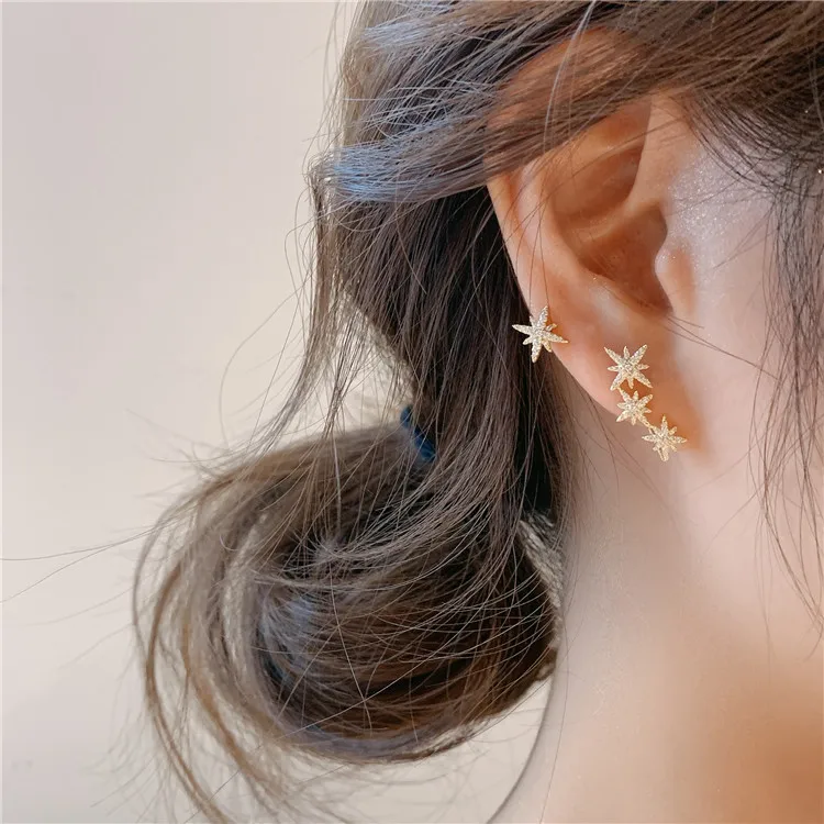 

2020 Korean New Design Fashion Jewelry Copper Inlaid Zircon Delicate Asymmetric Stars Elegant Earrings for women