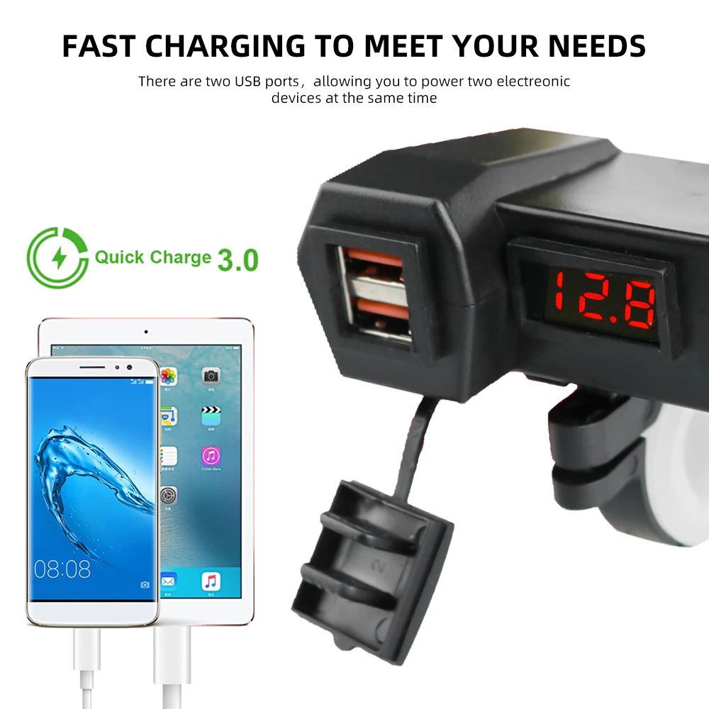 Motorcycle QC3.0 Fast Charge Adapter Power Supply Dual USB Port Socket Handlebar Phone Charger Digital Voltage Display for moto
Motorcycle QC3.0 Fast Charge Adapter Power Supply Dual USB Port Socket Handlebar Phone Charger Digital Voltage Display for moto