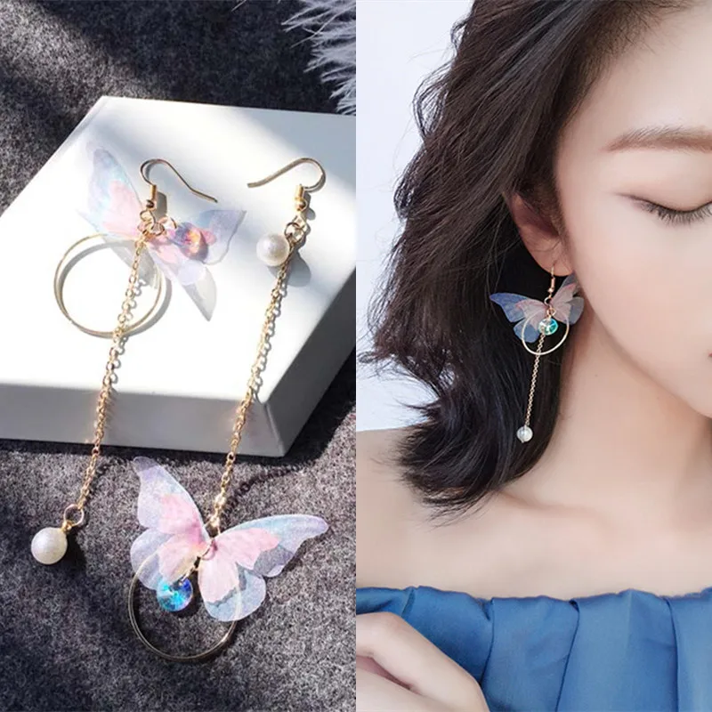 

2023 New Korean Retro Asymmetric Butterfly Imitation Pearl Earrings Fashion Round Flower Long Wings Earrings Jewelry
