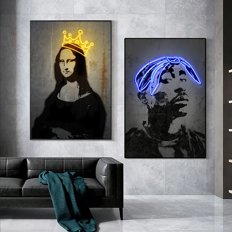 

Neon Effect Hip Pop Rapper Singer Print Crown Mona Lisa Canvas Painting Wall Art Posters Prints for Living Room Decor Pictures